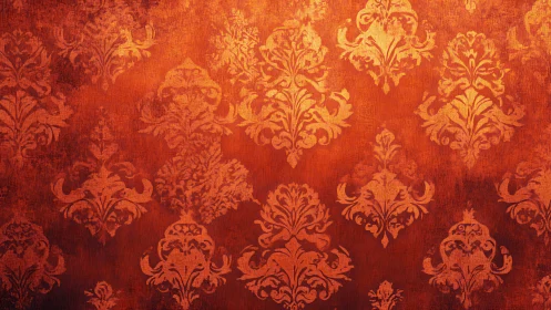 Burnt orange damask wallpaper with vintage baroque motifs.