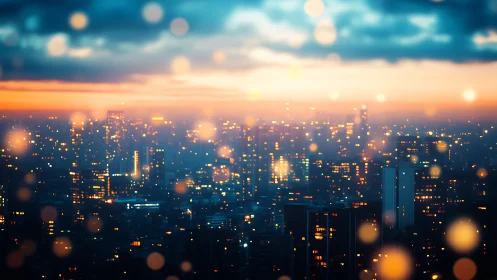Glowing city skyline welcomes dusk with dreamy golden lights