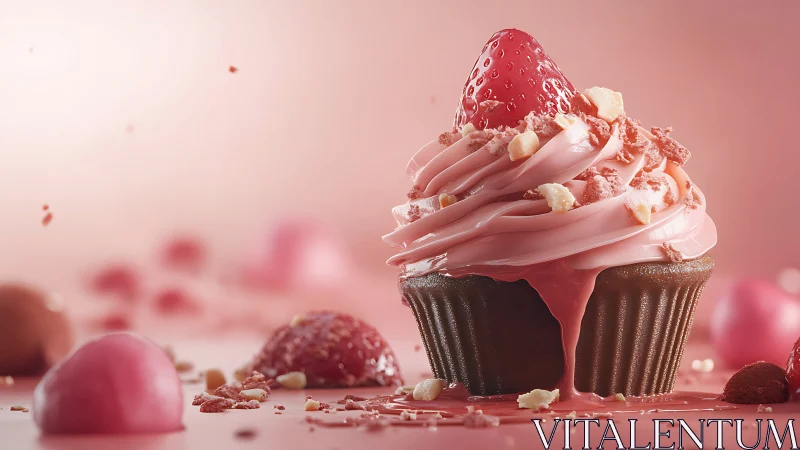 Strawberry-Topped Chocolate Cupcake with Pink Frosting Delight