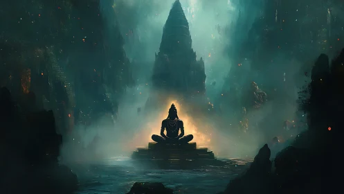 Mystic figure meditates before towering temple in mist.