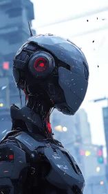 Futuristic combat android surveys neon city skyline alone