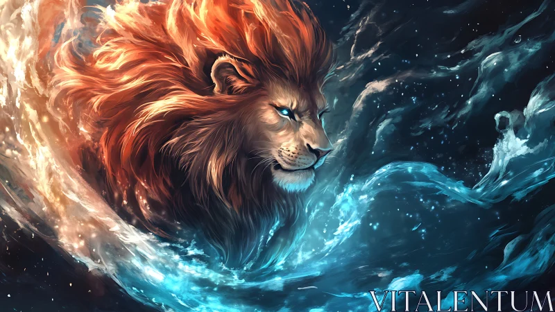 Elemental lion draped in swirling fire and ocean light.