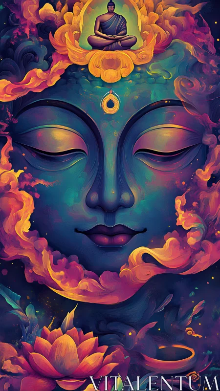 Radiant cosmic Buddha face wrapped in glowing lotus dreams.
