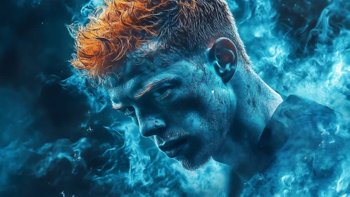 Digital painting portrait with bioluminescent fire aura effects.