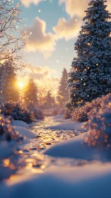 Winter forest path under low sunset light and fresh snow.