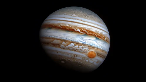 Storm-laced Jupiter quietly spins, draped in caramel clouds