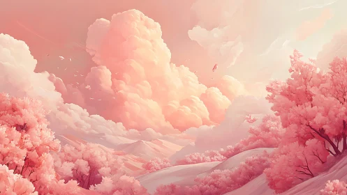 Sunlit pastel valley under towering rose clouds.