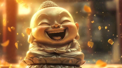 Laughing golden monk statue glows in warm floating petals