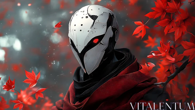 Masked humanoid figure amid red maple leaves in foggy setting.