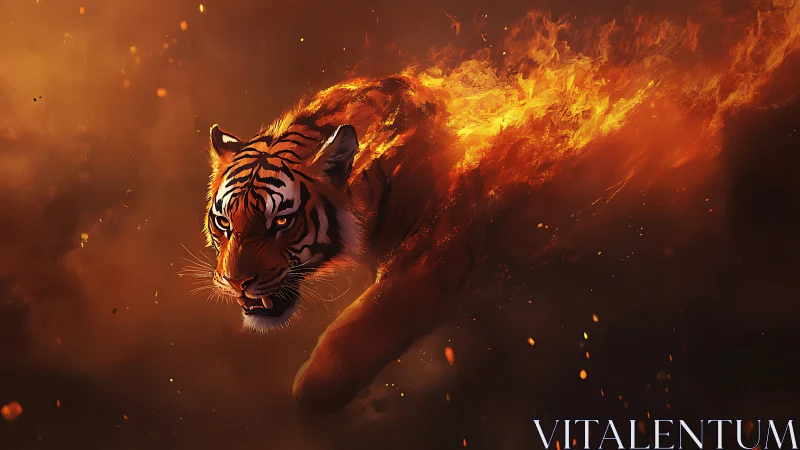 Flameborn tiger lunges through embers of a burning dusk.