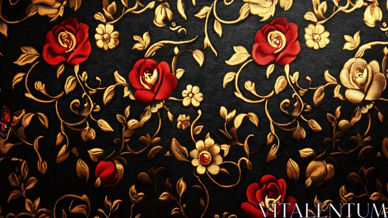 Crimson Blooms Dance Against Midnight Velvet Embroidery