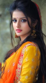 Digital portrait of young woman in embroidered yellow sari