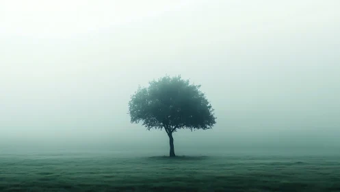 Solitary tree emerges from low fog in minimal landscape study