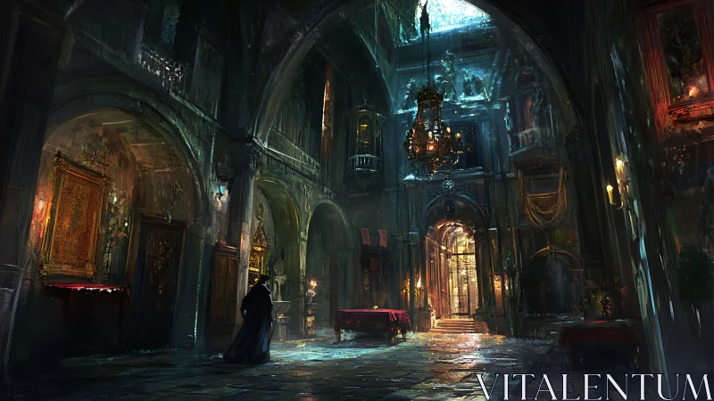 Moonlit wanderer crossing a forgotten cathedral hall.