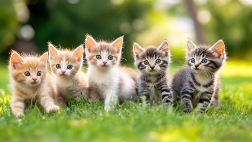 Five kittens on grass in outdoor setting.