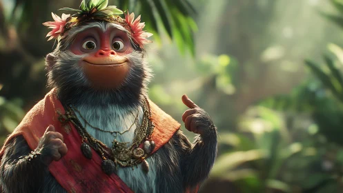 Joyful jungle monkey character in ornate tribal garments.