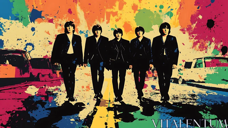 Color-splashed city stroll with a retro rock band vibe.