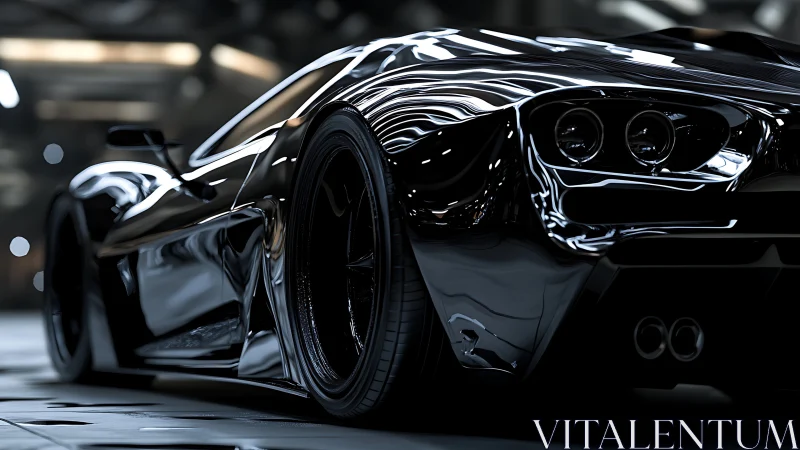 Sleek black supercar under glossy studio reflections.