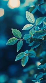 Leaf cluster study in teal bokeh with shallow depth of field.