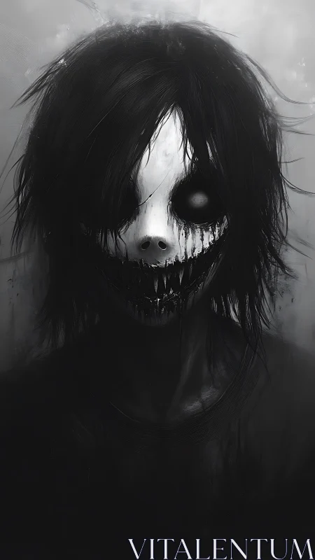 Sinister monochrome specter with skeletal mask and fanged grin