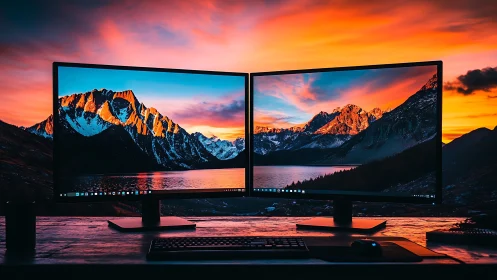 Dual ultra-wide monitors mirroring alpine sunset panorama.