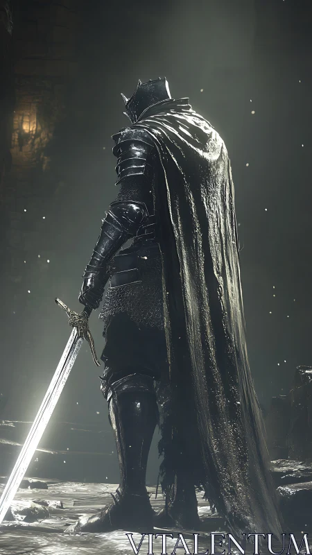 Armored figure stands with sword in low-lit stone environment