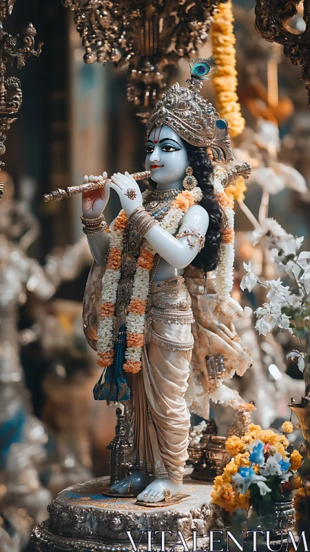 Devotional Krishna statue adorned with florals and gilt finery.