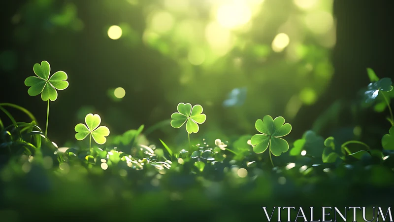 Sunlit clover leaves stand in sharp focus against blurred forest