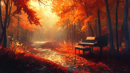 Grand piano positioned in sunlit forest with autumn foliage.