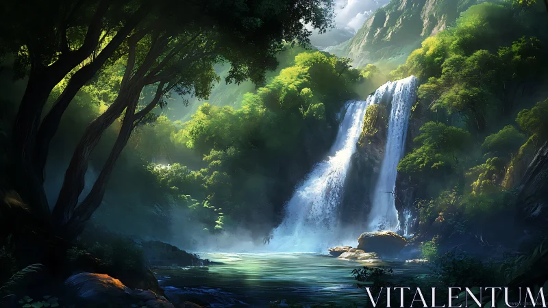 Sunlit jungle waterfall cascades into misty forest pool