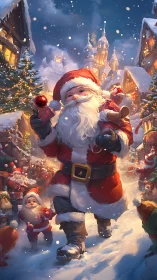 Santa marches through glowing snowy village street scene.