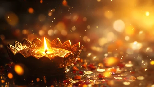 Golden lotus diya with glowing bokeh and festive warmth.