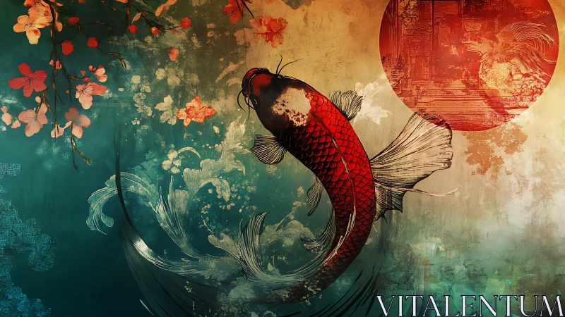 Scarlet koi rising beneath digital sun and blossoms.