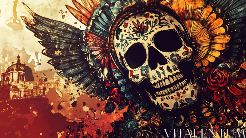 Ornamental skull with wings and flowers on urban backdrop.