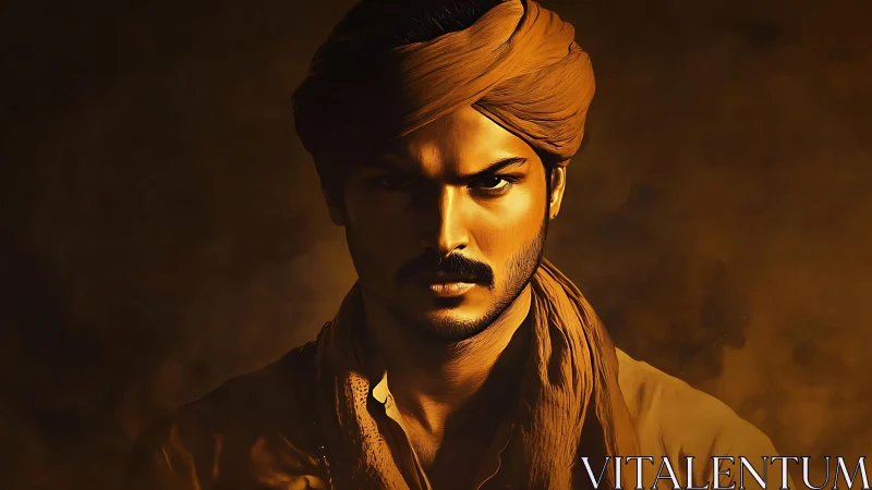 Intense turbaned portrait rendered in warm cinematic tones