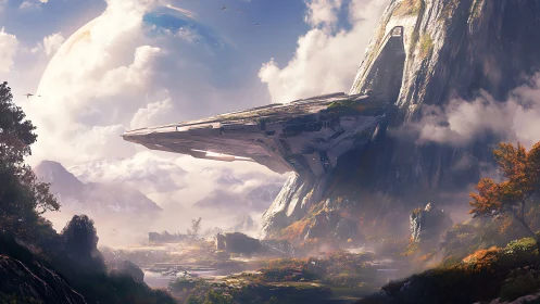 Futuristic cliffside starport overlooking misty alien valley.