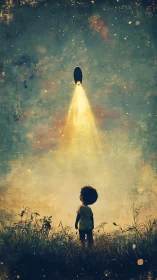 Curious child gazing up at a glowing rocket in twilight.