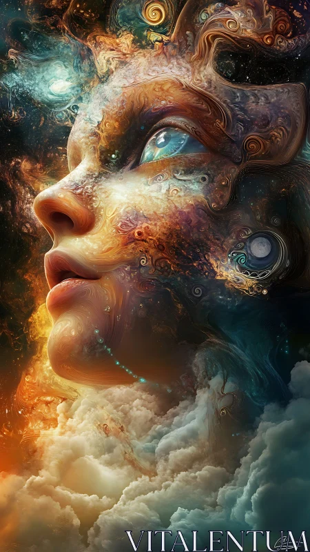 Celestial visage emerging from swirling cosmic nebulae.