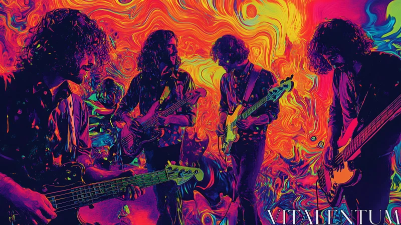 Psychedelic digital illustration of rock musicians onstage.
