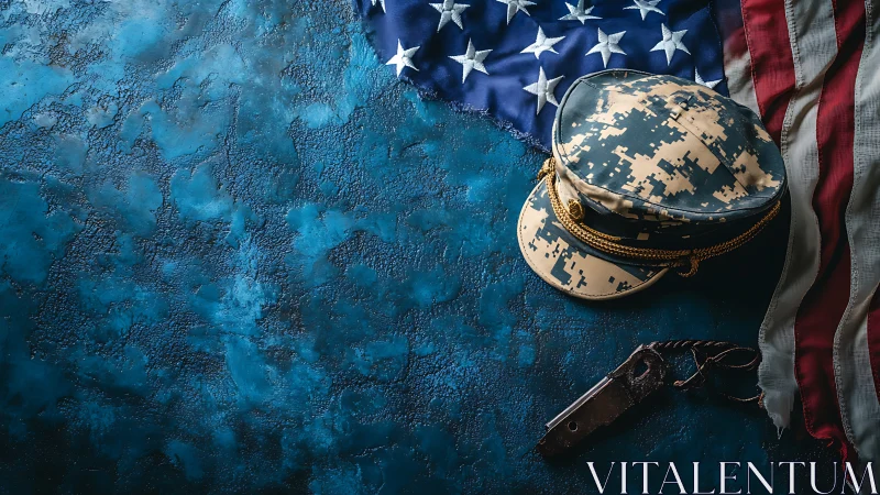 U.S. flag, digital camo officer cap and whistle arranged on textured surface