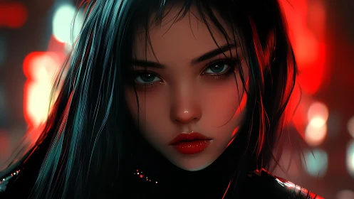 Digital portrait depicts woman against red defocused lights