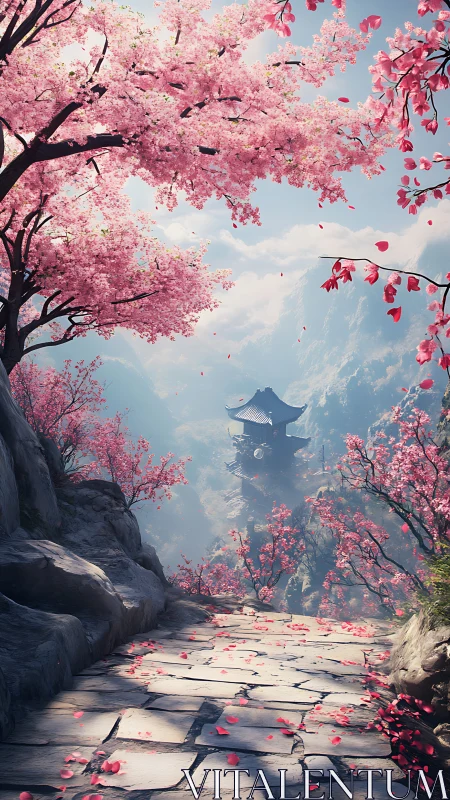 Cherry blossom path leading toward distant mountain pagoda.