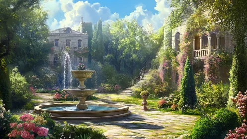Sunlit manor garden frames central tiered stone fountain