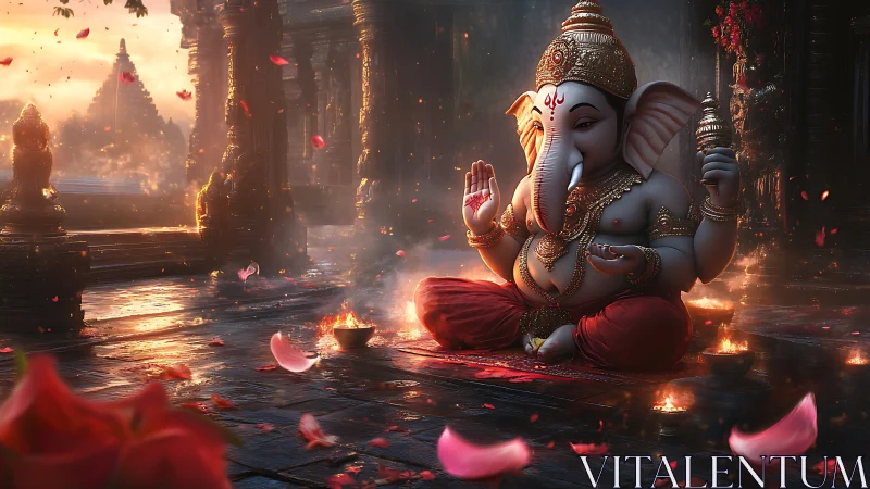 Lord Ganesha idol glows amid temple lamps and falling petals.