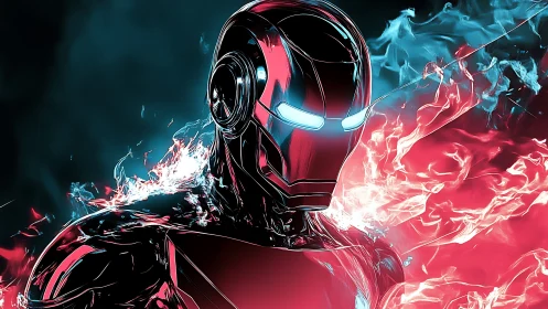 Chrome-clad cyber hero strides through twin neon infernos