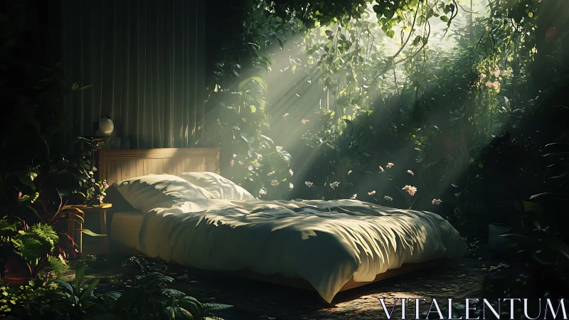 Sunlit canopy bathes a secluded forest bedroom in diffused light