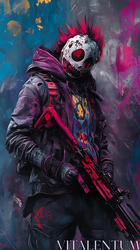 Masked neon punk sniper against abstract urban graffiti.