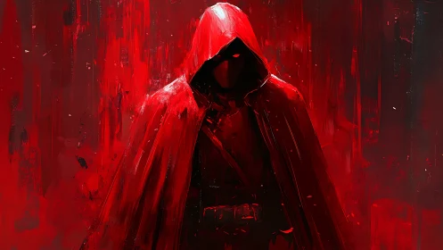 Mysterious red cloaked figure emerging from a vivid haze.