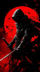 Hooded katana assassin in high-contrast red-black negative space