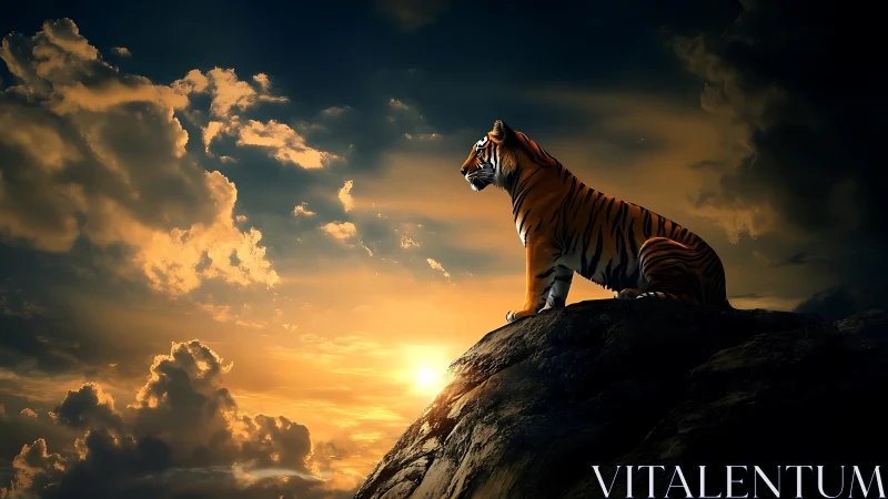 Tiger stands on rocky peak against dramatic sunset sky